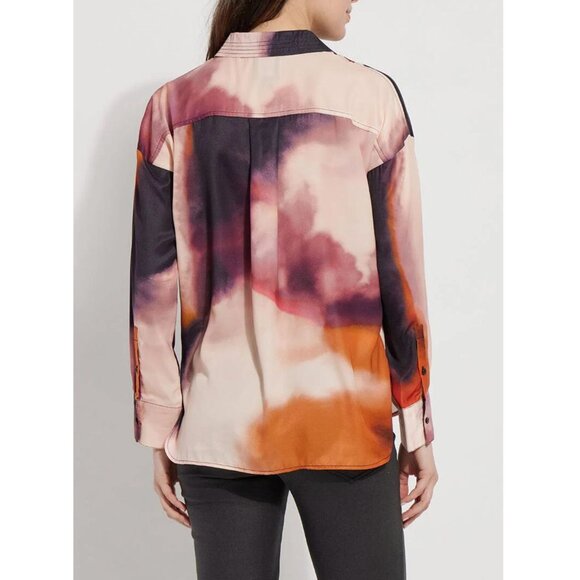 LYSSÉ Printed Satin Long Sleeve Button Shirt in Experimental Paint - Sz M - NWT - Picture 4 of 10